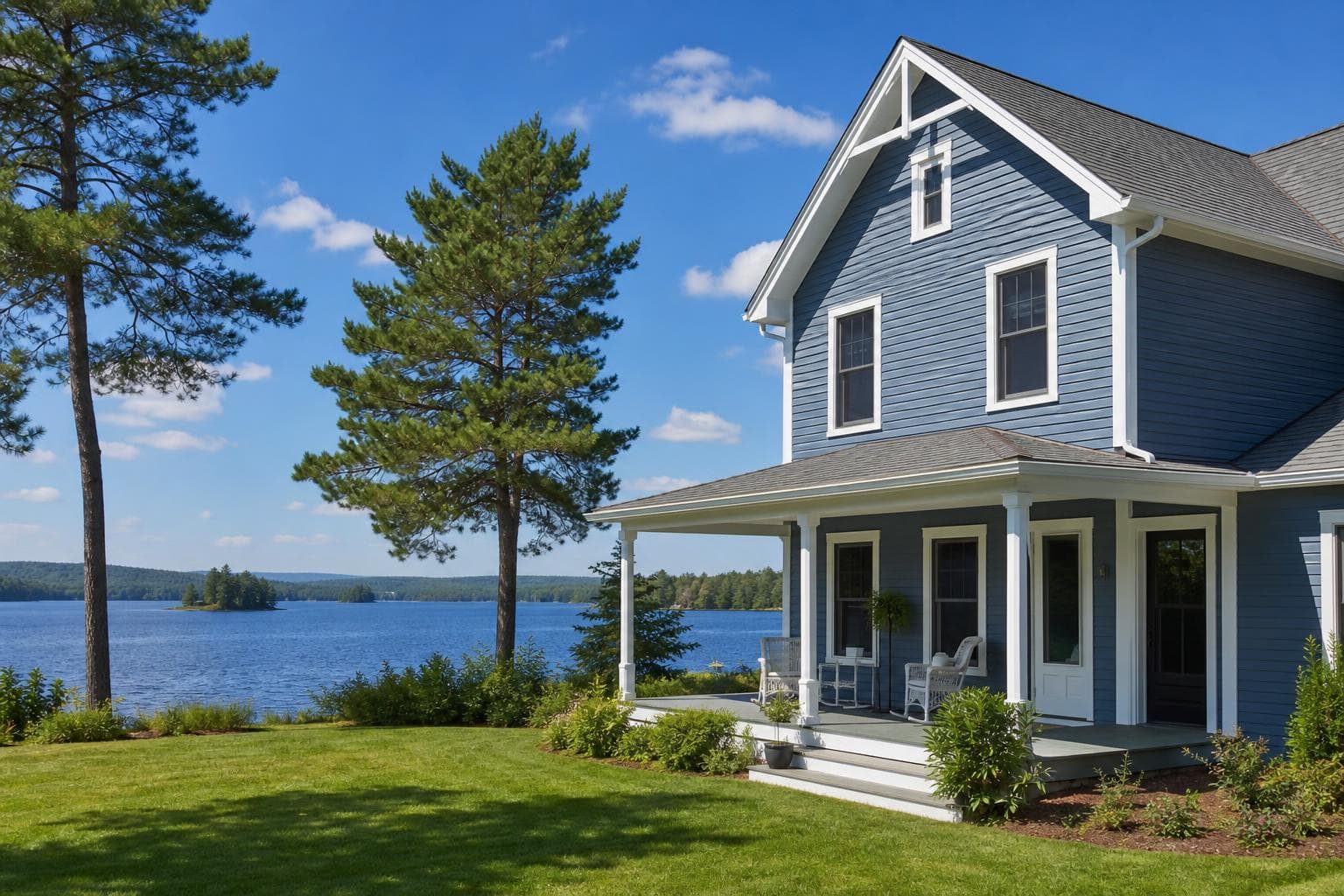 A freshly painted blue clapboard house with white trim on a Northern New York lake